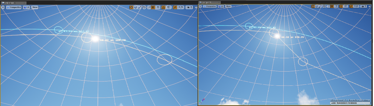 A default celestial movement and an unnatural movement shown with debug tools.
