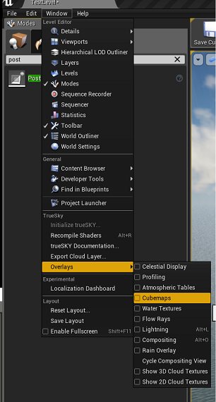 The overlays drop-down can be found within the window menu of Unreal.
