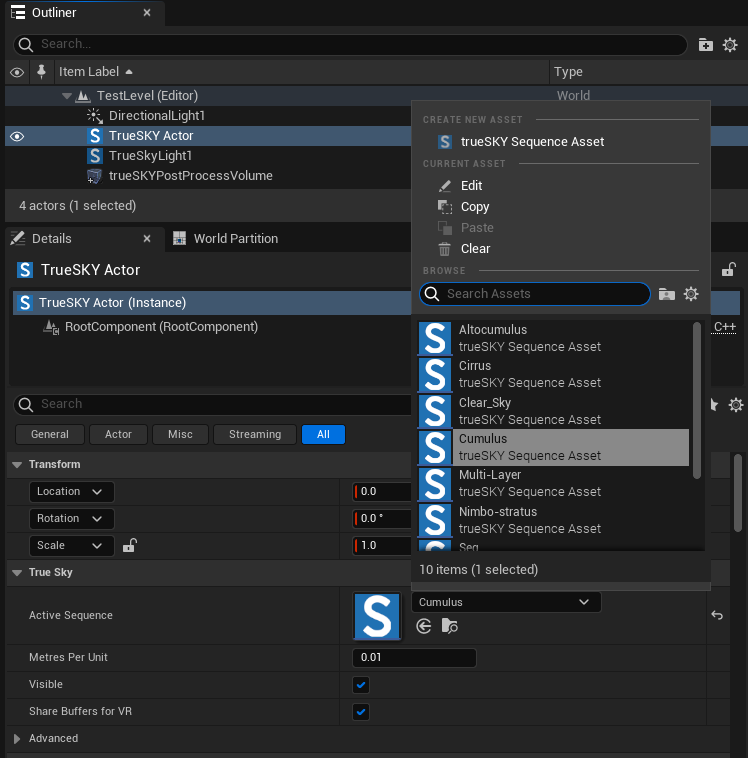 Adjust the current sequence by selecting the 'Active Sequence' option on the trueSKY Actor.