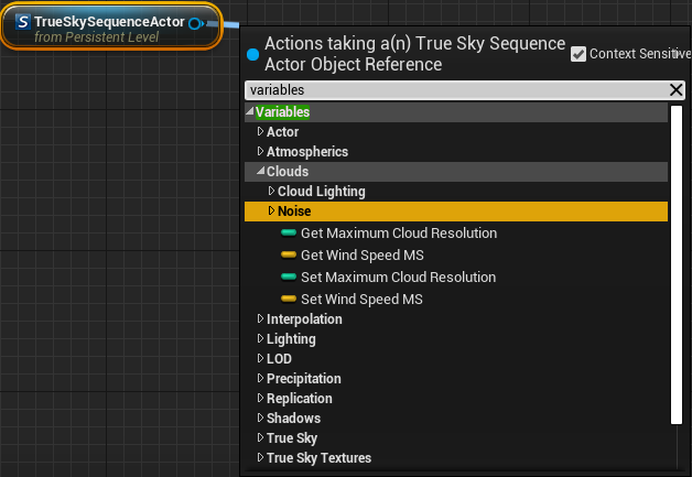 Drop-down menu of all context sensitive options from the trueSky Actor.