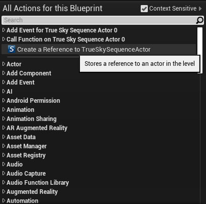 An option to "Create a Reference to TrueSkyActor" will be available in the actions menu.