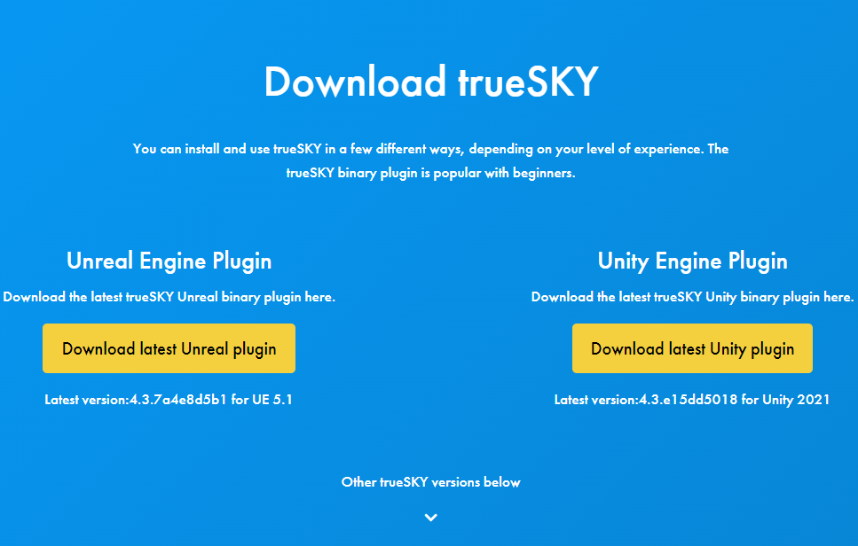 The webpage has two buttons to download the latest trueSKY plugin for Unity or Unreal