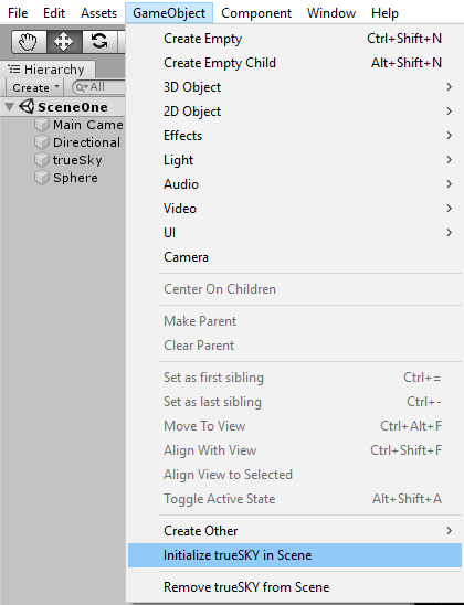 Initialize trueSKY is in the GameObject drop-down menu.