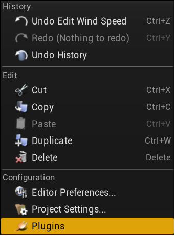 Unreal Engine's edit menu with the Plugin option highlighted