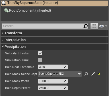 The SceneCapture2D assigned on the trueSKY actor as the rain mask.
