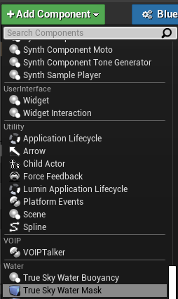 True Sky Water Masks are accessed in the component menu.