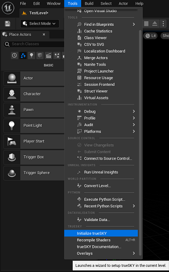 Tool drop-down menu in Unreal Engine with 'initialize trueSKY' option highlighted.