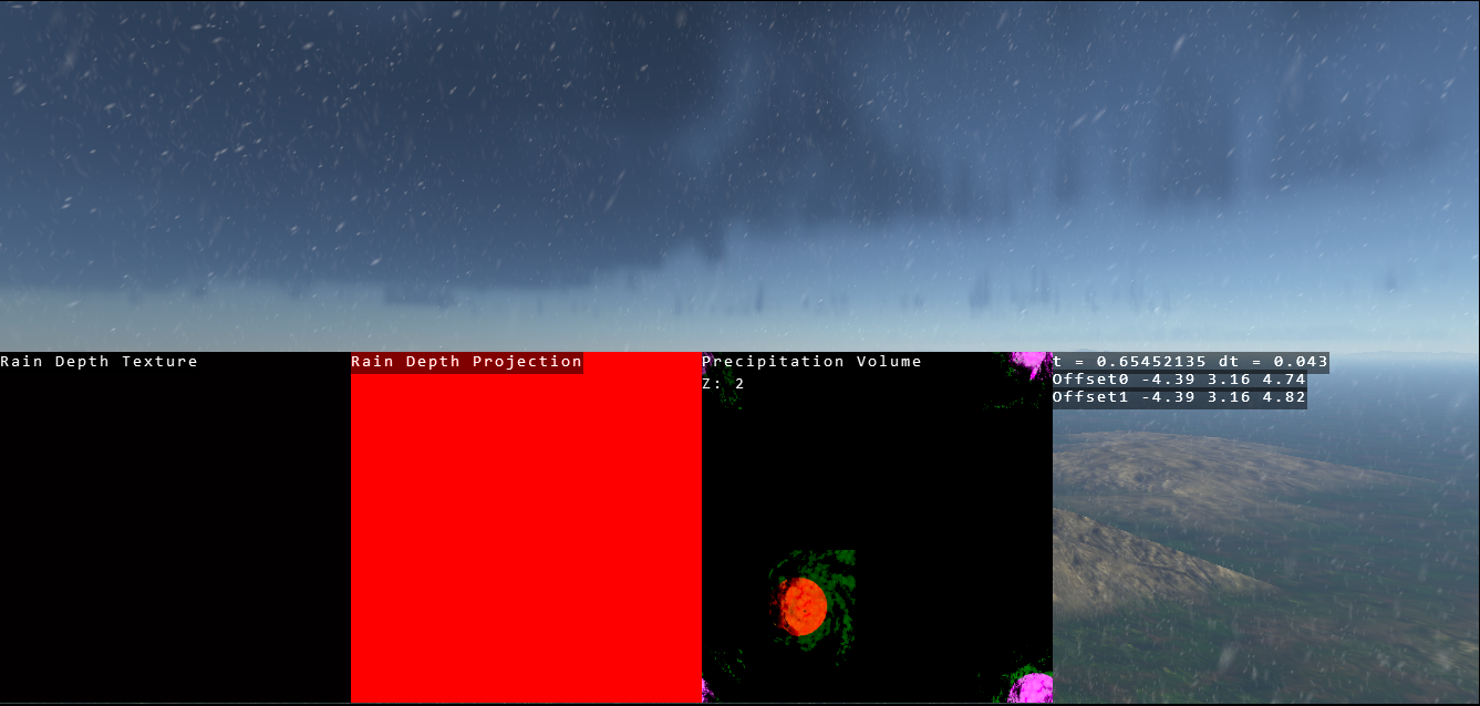 Debug overlays showing the precipitation volumes being affected by the cloud mask.